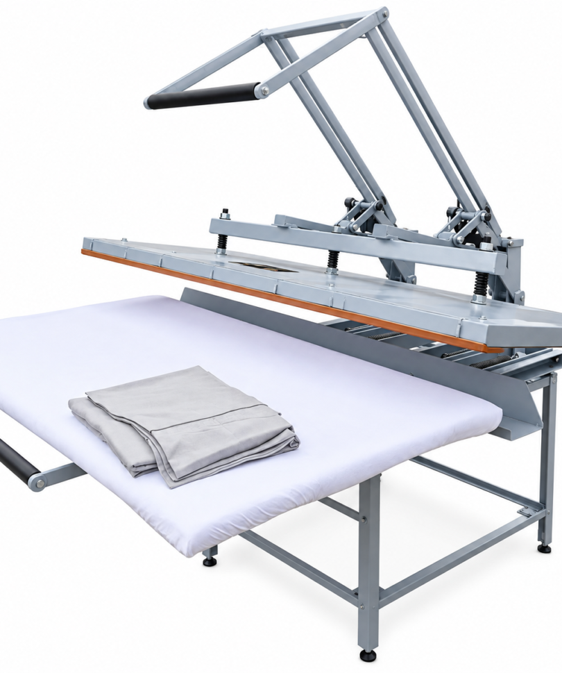 Planchadora industrial INOR P-16080 con bandeja retráctil y ropa blanca sobre la superficie