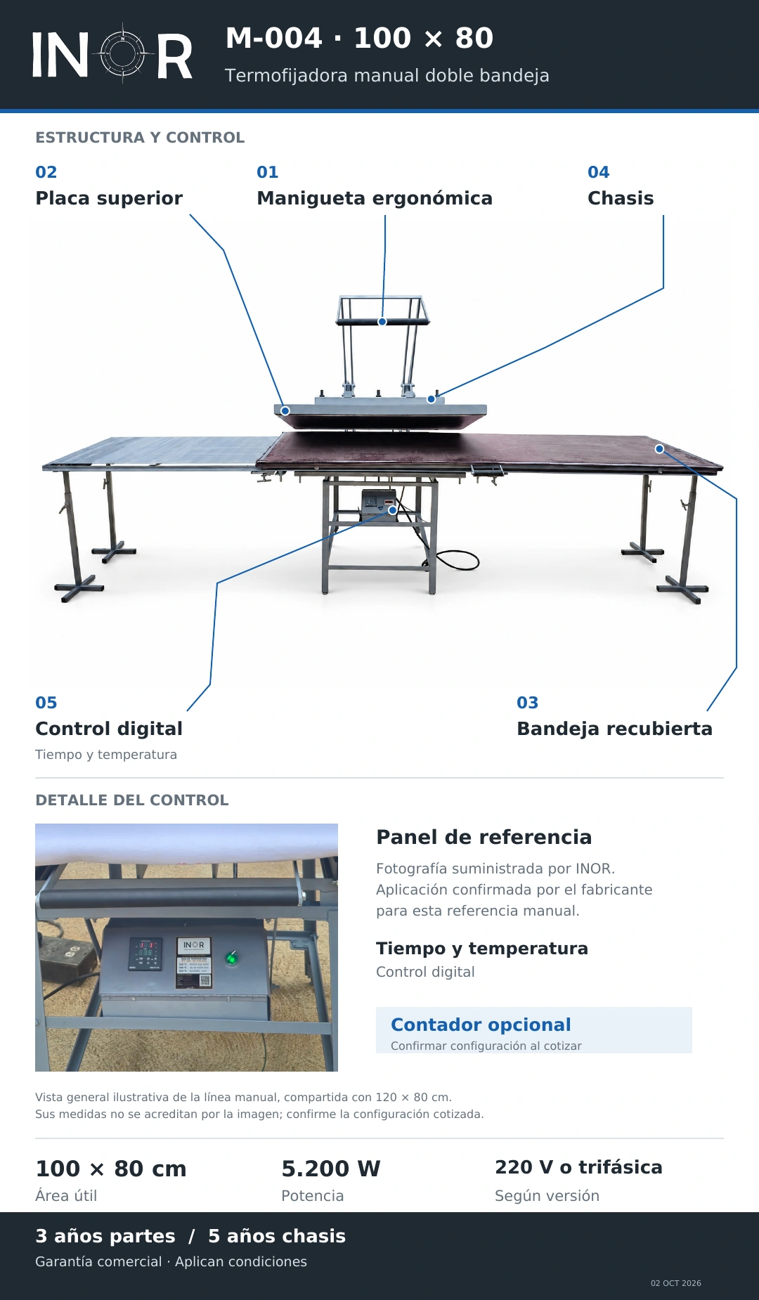 Manual doble bandeja: manigueta ergonómica, placa superior, chasis, bandeja recubierta y control digital; contador opcional