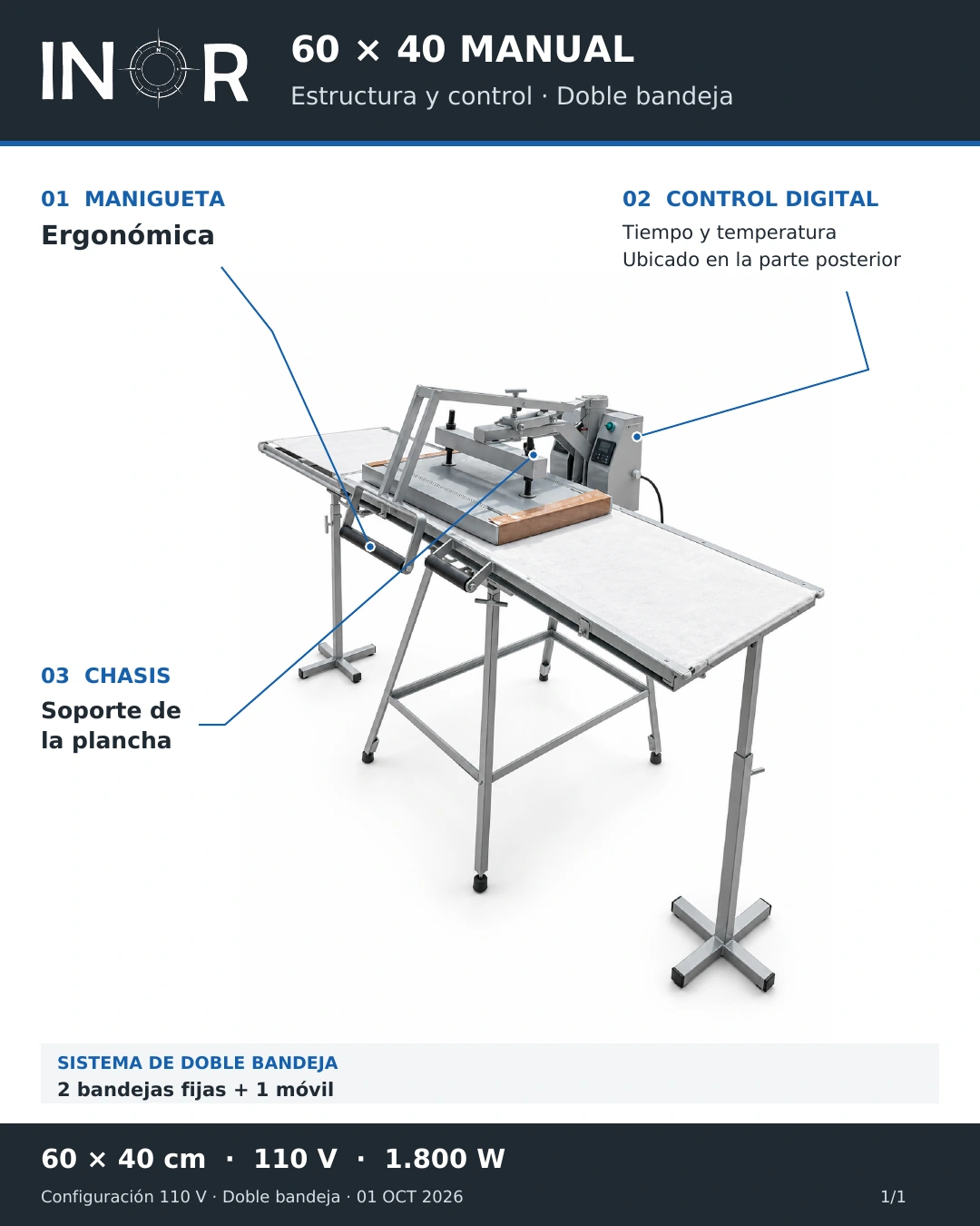 Lámina de la manual 60 × 40: manigueta ergonómica, soporte de plancha, control digital posterior y sistema de 2 bandejas fijas más 1 móvil; versión 110 V,1800W