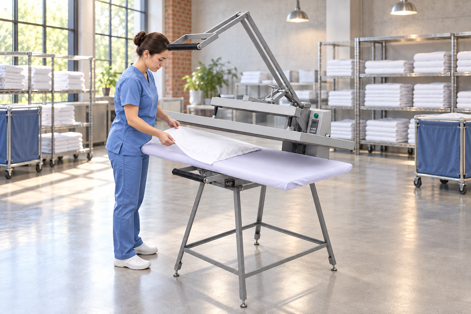 Ambientación ilustrativa de una configuración de planchadora INOR en un entorno de lencería industrial